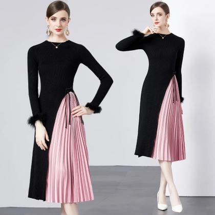Elegant Long-sleeve Pleated Skirt Dress With Fur..