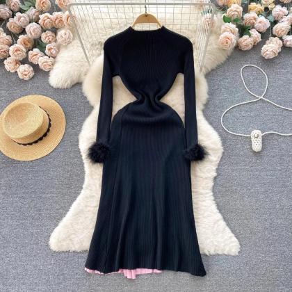 Elegant Long-sleeve Pleated Skirt Dress With Fur..