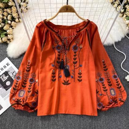 Bohemian Embroidered Tassel Tie-neck Womens Blouse..
