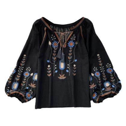 Bohemian Embroidered Tassel Tie-neck Womens Blouse..