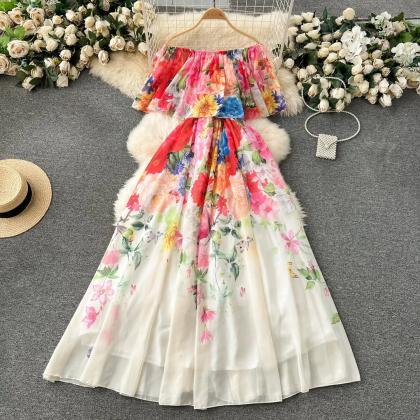 Off-shoulder Floral Print Maxi Dress Summer..