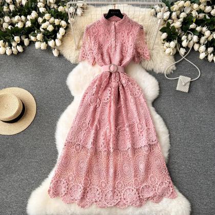 Elegant Pink Lace Belted Midi Dress With Short..