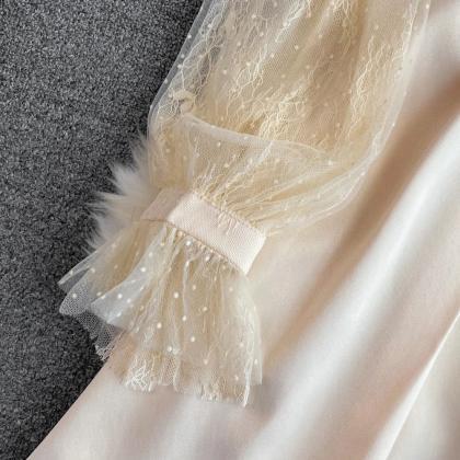 Elegant Long Sleeve Beaded Skater Dress With Tulle