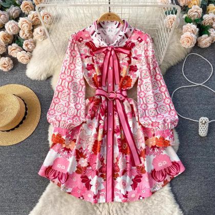 Womens Floral Print Tie-neck Belted Swing Dress