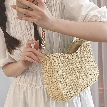 Hand-woven Rattan Shoulder Bag With Acrylic Chain