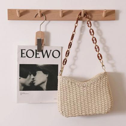 Hand-woven Rattan Shoulder Bag With Acrylic Chain