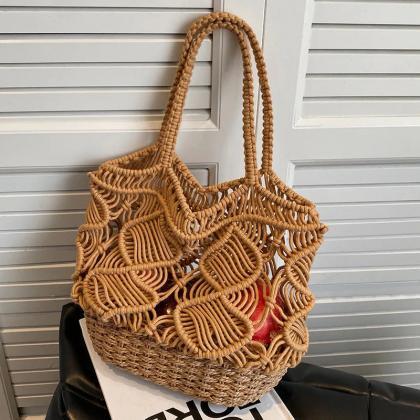 Handmade Woven Rattan Tote Bag With Heart Patterns