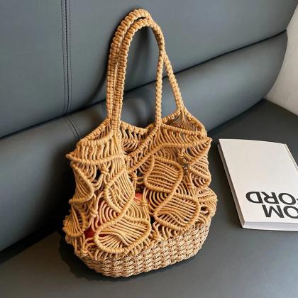 Handmade Woven Rattan Tote Bag With Heart Patterns
