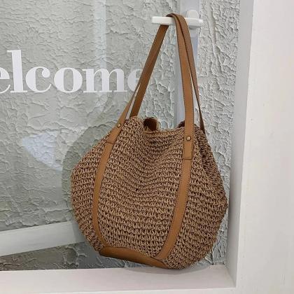 Chic Woven Straw Tote Bag With Faux Leather Straps