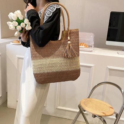 Eco-friendly Woven Straw Tote Bag With Tassel..