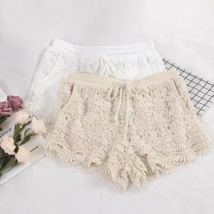 Womens Elegant Lace Crochet Drawstring Shorts..
