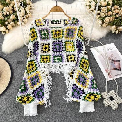 Bohemian Crochet Tassel Poncho Colorful Floral..