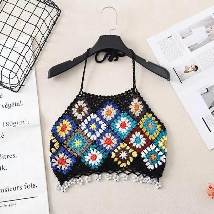Handmade Bohemian Crochet Tote Bag With Floral..