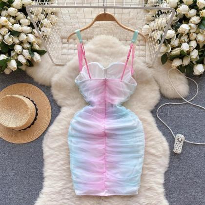 Pastel Rainbow Pleated Bustier Summer Mini Dress