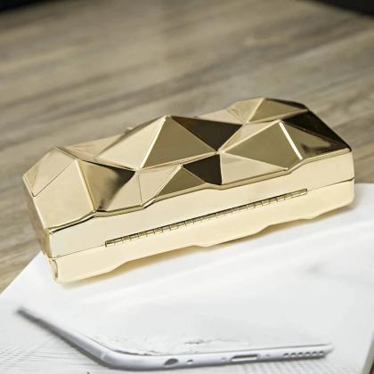 Geometric Gold Clutch Evening Bag With Chain Strap