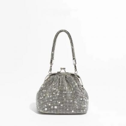 Elegant Beaded Evening Clutch Purse With Silver..