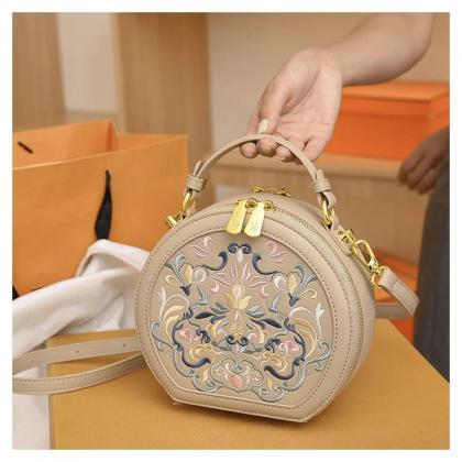 Embroidered Floral Round Crossbody Bag With..