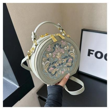 Embroidered Floral Round Crossbody Bag With..