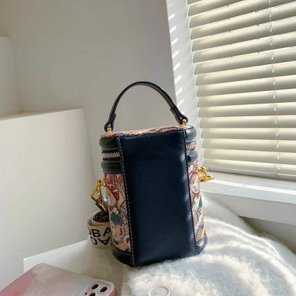 Embroidered Teddy Bear Charm Barrel Handbag With..