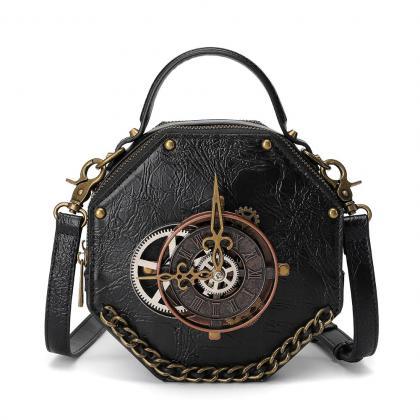 Vintage Leather Steampunk Satchel With Clock..