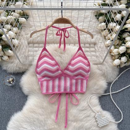 Womens Chevron Pink Glitter Halter Crop Top Bikini