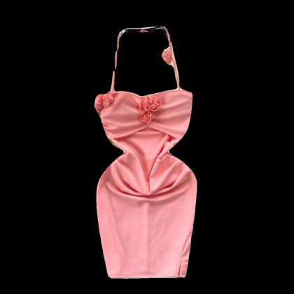 Elegant Pink Ruched Dress With Floral Appliqué..