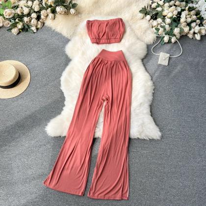 Womens Strapless Top And Wide-leg Pant Set