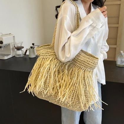 Bohemian Style Fringed Woven Rattan Tote Bag