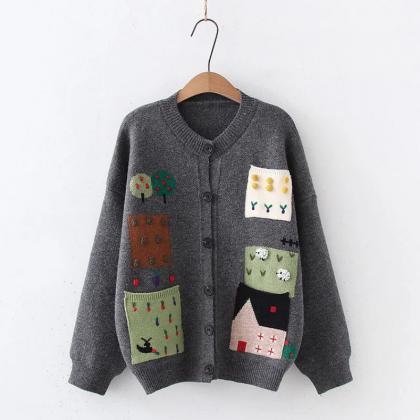 Womens Patchwork Design Knit Cardigan With Button..