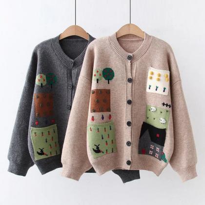 Womens Patchwork Design Knit Cardigan With Button..
