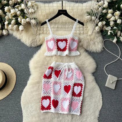 Handmade Crochet Heart Pattern Crop Top And Skirt..