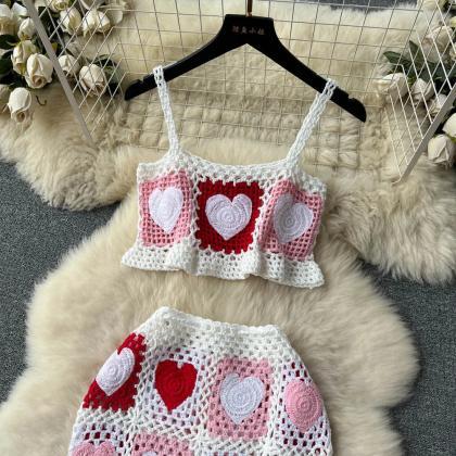 Handmade Crochet Heart Pattern Crop Top And Skirt..
