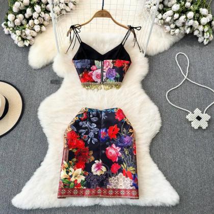 Womens Floral Print Bralette And High-waist Skirt..
