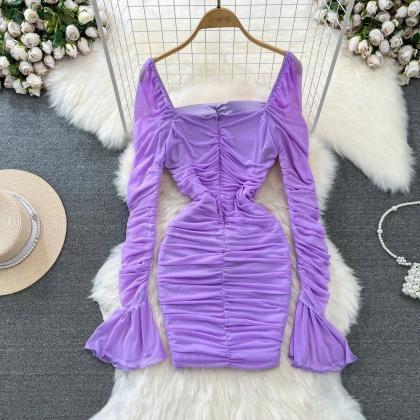 Elegant Long Sleeve Satin Bodycon Mini Dress..