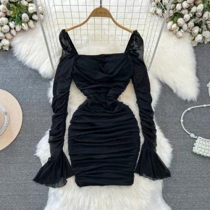 Elegant Long Sleeve Satin Bodycon Mini Dress..