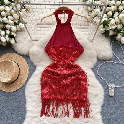 Elegant Red Sequin Halter Fringe Evening Dress