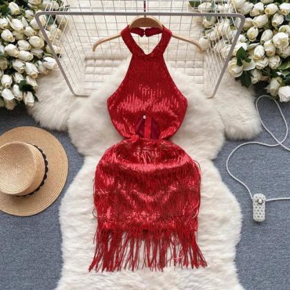 Elegant Red Sequin Halter Fringe Evening Dress