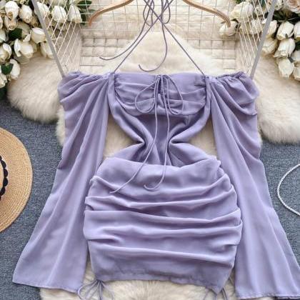 Womens Lilac Off-shoulder Ruched Crop Top Blouse