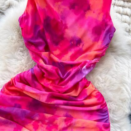 Womens Sleeveless Backless Tie-dye Bodycon Dress