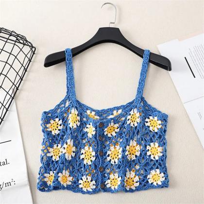 Handmade Blue And Yellow Crochet Lace Crop Top Set