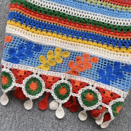 Bohemian Crochet Knit Sleeveless Tassel Trim Tank..