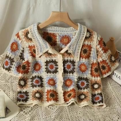 Vintage Crochet Floral Granny Square Cardigan..