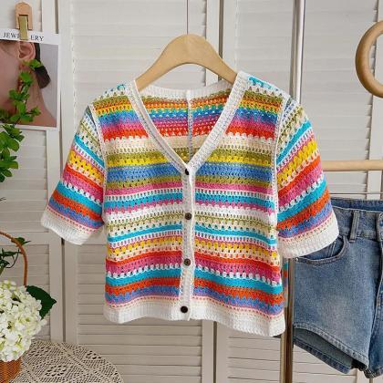 Handmade Colorful Striped Crochet Cardigan For..