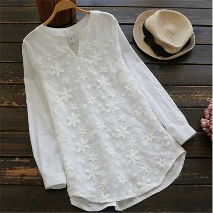 Womens Casual Embroidered Floral White Cotton..