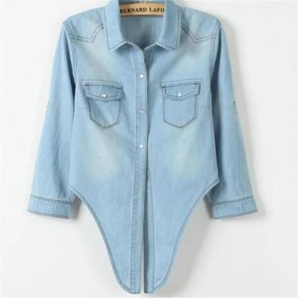 Classic Tie-front Denim Shirt With Chest Pockets