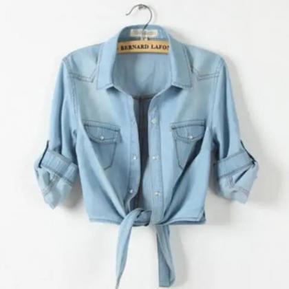 Classic Tie-front Denim Shirt With Chest Pockets