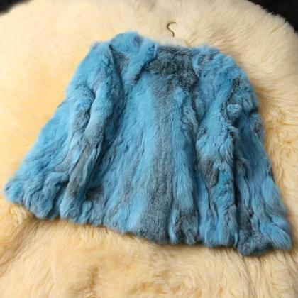 Luxury Sky Blue Faux Fur Womens Winter Jacket