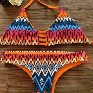 Womens Geometric Pattern Lace-up Bandeau Bikini..