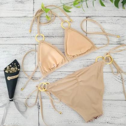 Womens Gold Sequin Bikini Set With Tie Sides