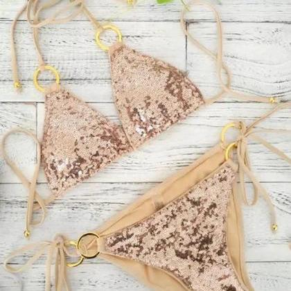Womens Gold Sequin Bikini Set With Tie Sides